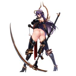 Rule 34 | 1girl, ass, boots, breasts, elbow gloves, from behind, full body, game cg, gloves, hair between eyes, highres, holding, holding scythe, holding weapon, large breasts, last origin, looking at viewer, looking back, maebari, official art, one (dnjsaos86), pelvic curtain, purple hair, red eyes, revealing clothes, scythe, solo, tachi-e, thigh boots, thighhighs, transparent background, veronica type-asc, weapon