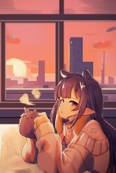 Rule 34 | 1girl, blue eyes, cityscape, coffee mug, cup, elun (elun 00), grey sweater, highres, holding, holding cup, hololive, hololive english, long hair, looking at viewer, mug, ninomae ina&#039;nis, open mouth, pointy ears, purple eyes, sidelocks, solo, sun, sunset, sweater, takodachi (ninomae ina&#039;nis), tentacle hair, virtual youtuber