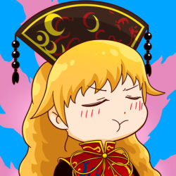 Rule 34 | 1girl, black dress, blonde hair, blush, blush stickers, chinese clothes, commentary request, dress, closed eyes, junko (touhou), long hair, looking away, meme, okema, pout, solo, tabard, touhou, wavy hair