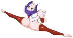 Rule 34 | 1girl, android, aq interactive, arcana heart, ass, atlus, bare shoulders, barefoot, blue hair, breasts, bun cover, chinese clothes, covered erect nipples, double bun, ebata, examu, feet, flexible, from above, from behind, green eyes, hair bun, highleg, highleg leotard, highres, huge breasts, leotard, mei-fang, parted lips, shiny clothes, shiny skin, simple background, smile, solo, split, thighhighs, thong, thong leotard, toeless legwear, toes