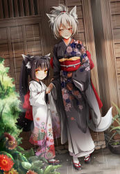 Rule 34 | 2girls, animal ears, black hair, floral print, fox ears, fox tail, hand on another&#039;s arm, hand on another&#039;s arms, holding hands, inari, japanese clothes, kimono, kitsune, kongiku, looking at another, monster girl, mother and daughter, multiple girls, obi, original, rain, sandals, sash, shou (xsongchuan), silver hair, smile, tail, yellow eyes, yukata