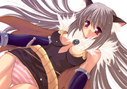Rule 34 | 1girl, alchemist (ragnarok online), animal ears, bad id, blue gloves, blush, bow, bow panties, breasts, brooch, brown cape, brown dress, cape, cat ears, closed mouth, commentary, cowboy shot, dress, elbow gloves, fur collar, gloves, grey hair, hair between eyes, jewelry, kyogoku shin, long hair, looking at viewer, medium breasts, panties, pink panties, purple eyes, ragnarok online, short dress, smile, solo, strapless, strapless dress, striped clothes, striped panties, underwear