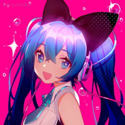 Rule 34 | 1girl, :d, black bow, blue eyes, blue hair, blue necktie, blush, bow, breasts, bubble, commentary, hair between eyes, hair bow, hatsune miku, headphones, long hair, looking at viewer, lowres, necktie, open mouth, pink background, prophet chu, shirt, short necktie, sidelocks, sleeveless, sleeveless shirt, small breasts, smile, solo, sparkle, twintails, twitter username, upper body, vocaloid, white shirt