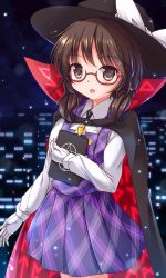 Rule 34 | 1girl, book, bow, brown eyes, brown hair, cape, city lights, clothes writing, glasses, gloves, hat, hat bow, highres, long sleeves, looking at viewer, lzh, night, open mouth, red-framed eyewear, shirt, skirt, skirt set, sky, solo, star (sky), starry sky, tablet pc, touhou, usami sumireko, vest, white gloves