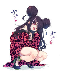 Rule 34 | 1girl, :d, alternate eye color, alternate hair color, animal print, black footwear, black hair, blush, coat, coat partially removed, collarbone, commentary request, detached hair, double strap slip, fang, full body, green footwear, hamayumiba sou, high heels, highres, leopard print, long sleeves, looking at viewer, meme, multicolored hair, ochikobore fruit tart, open mouth, pink coat, red eyes, sekino roko, shadow, simple background, skin fang, sleeves past wrists, smile, solo, squatting, strap slip, streaked hair, two-tone footwear, white background, white hair, zako (meme)