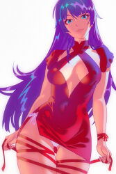 Rule 34 | 1girl, alternate costume, blue eyes, blush, breasts, cleavage cutout, clothing cutout, commentary, covered erect nipples, covered navel, cowboy shot, criss-cross halter, dress, eyelashes, flower, halterneck, highres, impossible clothes, impossible dress, large breasts, long hair, looking at viewer, monogatari (series), parted lips, purple hair, rapa rachi, red dress, red flower, red rose, revealing clothes, rose, senjougahara hitagi, short dress, short sleeves, side slit, simple background, smile, solo, thighs, very long hair, white background