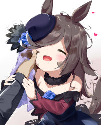 Rule 34 | 1boy, 1girl, :d, ^ ^, animal ears, bare shoulders, black dress, black hair, black headwear, blue flower, blue rose, blush, closed eyes, commentary request, dirty, dirty face, dress, flower, gradient background, grey background, hair over one eye, hat, hat flower, heart, highres, holding, holding towel, horse ears, horse girl, horse tail, long sleeves, makuran, off-shoulder dress, off shoulder, open mouth, out of frame, rice shower (umamusume), rose, smile, solo focus, sweat, tail, tail wagging, tilted headwear, towel, umamusume, wet, wet hair, white background