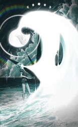 Rule 34 | 2others, androgynous, aqua hair, artist name, bowl, cloud, commentary, dual persona, english commentary, from side, gem uniform (houseki no kuni), giant, glowing, halo, highres, holding, holding bowl, houseki no kuni, hunched over, laopqsrt, looking at another, looking up, moon phases, multiple others, nature, ocean, other focus, outdoors, phosphophyllite, phosphophyllite (10000), profile, puffy short sleeves, puffy sleeves, short hair, short sleeves, size difference, sky, spoilers, standing, wading