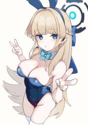 Rule 34 | 1girl, :o, animal ears, aqua bow, aqua bowtie, bare shoulders, blonde hair, blue archive, blue bow, blue eyes, blue hair, blue leotard, bow, bowtie, breasts, cleavage, detached collar, double v, fake animal ears, hair bow, headset, leotard, long hair, looking at viewer, medium breasts, multicolored hair, official alternate costume, rabbit ears, solo, thighhighs, thighs, toki (blue archive), toki (bunny) (blue archive), two-tone hair, v, white thighhighs, zonzu