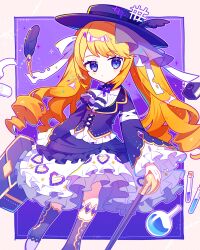 Rule 34 | 1girl, blonde hair, blue eyes, boots, cane, dress, full body, highres, holding, holding cane, original, outside border, purple dress, purple footwear, saijo1201, square background, twintails, two-tone background