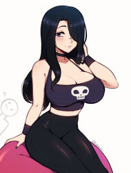 Rule 34 | 1girl, absurdres, black hair, black nails, black pants, blush, borrowed character, breasts, choker, cleavage, closed mouth, commentary, english commentary, feet out of frame, hair over one eye, halterneck, hand in own hair, highres, large breasts, lips, long hair, looking at viewer, midriff peek, nail polish, navel, original, pants, parted bangs, purple choker, purple eyes, purple shirt, shirt, signature, simple background, sitting, skull print, sleeveless, smile, solo focus, sweatband, the scarlet devil, tight clothes, tight pants, white background, wristband, yoga pants