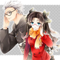 Rule 34 | 1boy, 1girl, archer (fate), bespectacled, black-framed eyewear, blue eyes, brown hair, fate/stay night, fate (series), glasses, hair ribbon, orange scarf, rayca01, red-framed eyewear, ribbon, scarf, tohsaka rin, two side up, white hair