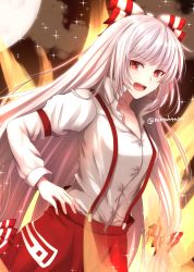 Rule 34 | 1girl, :d, absurdres, armband, bow, commentary request, fire, fujiwara no mokou, hair bow, high collar, highres, juliet sleeves, long hair, long sleeves, looking at viewer, open mouth, pants, pink hair, popped collar, puffy sleeves, red eyes, red pants, shirt, smile, solo, standing, suspenders, tanaji, touhou, very long hair, white shirt