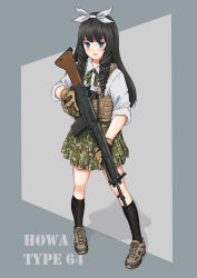 Rule 34 | 1girl, absurdres, battle rifle, black hair, black socks, blue eyes, bow, camouflage, commentary, drill hair, english commentary, girls&#039; frontline, gloves, gun, hair bow, highres, holding, holding gun, holding weapon, howa type 64, howa type 64 (girls&#039; frontline), kneehighs, little armory, load bearing vest, long hair, looking at viewer, mardjan, rifle, school uniform, simple background, socks, solo, tomytec, weapon