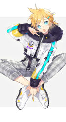 Rule 34 | 1boy, :o, black shirt, blonde hair, blue eyes, character name, collared shirt, copyright name, crossed ankles, dress shirt, fang, fingernails, fur-trimmed jacket, fur trim, grey background, grey pants, hair ornament, hairclip, head tilt, highres, jacket, kagamine len, long sleeves, looking at viewer, male focus, nail polish, open clothes, open jacket, open mouth, pants, plaid, plaid pants, puffy long sleeves, puffy sleeves, shirt, shoes, sitting, sogawa, solo, twitter username, two-tone background, v, vocaloid, white background, white footwear, white jacket, yellow nails