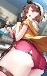 Rule 34 | 1girl, ass, atelier (series), atelier ryza, atelier ryza 2, blush, breasts, brown eyes, brown hair, earrings, flask, green322, hat, highres, jacket, jewelry, large breasts, looking at viewer, looking back, open mouth, red shorts, reisalin stout, revision, short shorts, shorts, sleeveless, sleeveless jacket, solo, thick thighs, thighs, white hat, yellow jacket
