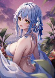 Rule 34 | 1girl, absurdres, arched back, ass, bikini, blue hair, blurry, braid, breasts, butt crack, cloud, commentary request, depth of field, evening, flower, hair between eyes, hair flower, hair ornament, highres, hololive, large breasts, leaf, long hair, looking at viewer, looking to the side, open mouth, outdoors, pointy ears, sa-ya2, sarong, see-through, see-through sarong, side-tie bikini bottom, sideboob, sidelocks, smile, solo, swimsuit, teeth, upper teeth only, virtual youtuber, white bikini, white sarong, yellow eyes, yukihana lamy