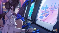 Rule 34 | 1girl, arcade, arcade cabinet, bare legs, brown hair, chibi, chinese clothes, controller, fall guys, highres, honkai (series), honkai impact 3rd, indoors, joystick, li sushang, li sushang (jade knight), logo, official art, official wallpaper, playing games, sitting, solo, tongue, tongue out, upper body, v-shaped eyebrows, video game