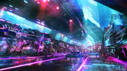 Rule 34 | artist request, billboard, building, city, cityscape, copyright name, copyright notice, final fantasy, final fantasy xiv, glowing, highres, hologram, neon lights, neon palette, no humans, official art, outdoors, reflective floor, scenery, science fiction, stool