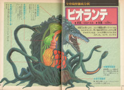 Rule 34 | anatomy, artist request, biollante, brain, chart, diagram, godzilla (series), godzilla vs. biollante, highres, japanese text, kaijuu, monster, multiple mouths, official art, organs, plant, science, science fiction, sharp teeth, stomach, super godzilla (game), teeth, tentacles, toho, translation request, tusks, vines, white eyes, x-ray