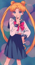Rule 34 | 1girl, bishoujo senshi sailor moon, blonde hair, blue eyes, blue sailor collar, blue skirt, bow, brooch, commentary request, cowboy shot, double bun, earrings, hair bun, hand on own hip, highres, jewelry, juuban middle school uniform, long hair, looking at viewer, midriff peek, red bow, rumic 0620, sailor collar, school uniform, serafuku, skirt, smile, solo, sparkle, sparkle background, tsukino usagi, twintails, very long hair