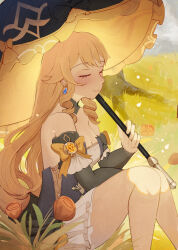 Rule 34 | 1girl, bare legs, bare shoulders, blonde hair, closed eyes, commentary, detached sleeves, dress, drill hair, drill sidelocks, earrings, feet out of frame, genshin impact, highres, holding, holding umbrella, jewelry, long sleeves, navia (genshin impact), sidelocks, sitting, solo, strapless, strapless dress, thighs, umbrella, yellow glasses (odivichno)