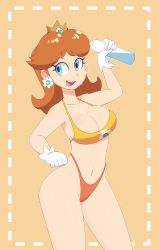 Rule 34 | 1girl, :d, absurdres, arm up, bare arms, bare shoulders, bikini, blue eyes, bottle, breasts, brown hair, cameltoe, cleavage, clenched hands, collarbone, contrapposto, cowboy shot, crown, dotted line, earrings, eyelashes, flipped hair, flower earrings, gloves, groin, highleg, highleg bikini, highleg swimsuit, highres, holding, holding bottle, jewelry, large breasts, looking away, loveboxf, mario (series), medium hair, navel, nintendo, open mouth, orange background, orange bikini, outline, parted bangs, princess daisy, sideboob, simple background, smile, solo, stomach, super mario bros. 1, super mario land, sweat, swimsuit, teeth, thighs, tomboy, upper teeth only, water bottle, white gloves, white outline, yellow bikini