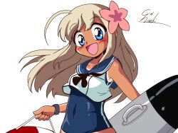 Rule 34 | 1990s (style), 1girl, blonde hair, blue eyes, choroli (chorolin), covered navel, crop top, flower, hair flower, hair ornament, kantai collection, lifebuoy, long hair, one-piece swimsuit, one-piece tan, open mouth, parody, retro artstyle, ro-500 (kancolle), sailor collar, school swimsuit, signature, simple background, solo, style parody, swim ring, swimsuit, swimsuit under clothes, tan, tanline, white background