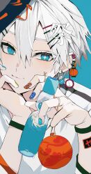Rule 34 | 1boy, :3, blue eyes, bottle, closed mouth, earrings, hair between eyes, hand on own chin, head rest, highres, holding, holding bottle, jewelry, light smile, looking at viewer, male focus, mask, mask on head, multiple hairpins, nail polish, original, ramune, sakusya2honda, shirt, short hair, short sleeves, simple background, solo, upper body, white hair, white shirt, wristband