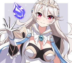 Rule 34 | 1girl, armor, breasts, cape, cleavage, corrin (female) (fire emblem), corrin (female) (silent bloodline) (fire emblem), corrin (fire emblem), crown, fire emblem, fire emblem fates, fire emblem heroes, hair between eyes, hair ornament, highres, jewelry, large breasts, long hair, looking at viewer, nintendo, official alternate costume, pointy ears, red eyes, shinae, shoulder armor, solo, white hair