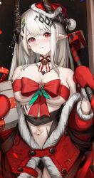 Rule 34 | 1girl, absurdres, arknights, bandaid on navel, bare shoulders, blush, bow, breasts, candy, candy cane, choker, christmas, closed mouth, collarbone, earrings, food, gift, gloves, hair ornament, hammer, hat, highres, horns, jewelry, large breasts, long hair, looking at viewer, material growth, mudrock (arknights), nopetroto, oripathy lesion (arknights), pointy ears, red bow, red eyes, red gloves, red ribbon, ribbon, ribbon bra, ribbon choker, santa hat, sidelocks, solo, white hair