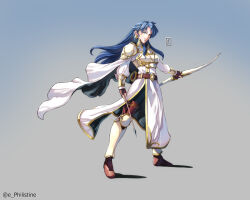 Rule 34 | 1girl, armor, armored boots, arrow (projectile), blue eyes, blue hair, boots, bow (weapon), breastplate, fingerless gloves, fire emblem, fire emblem: thracia 776, full body, gloves, highres, holding, holding arrow, holding bow (weapon), holding weapon, leather, leather gloves, long hair, looking at viewer, nintendo, parted bangs, quiver, selphina (fire emblem), shadow, shoulder armor, shuuda, signature, solo, standing, weapon, white armor