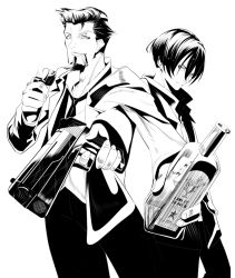 Rule 34 | 10s, 2boys, 91 days, alcohol, avilio bruno, black pants, bottle, cigar, facial hair, foreshortening, greyscale, gun, holding, holding bottle, holding gun, holding weapon, kairyuu (drshellon), lighter, looking at viewer, male focus, monochrome, multiple boys, necktie, nero vanetti, pants, simple background, standing, weapon, white background