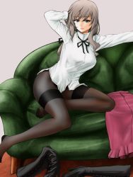 Rule 34 | 1girl, arm up, black footwear, black pantyhose, black ribbon, boots, unworn boots, brown eyes, closed mouth, commentary request, couch, dress shirt, unworn footwear, girls und panzer, hair ribbon, half-closed eyes, hand in own hair, high collar, high heel boots, high heels, highres, indoors, leaning to the side, legs, light brown hair, long hair, long skirt, long sleeves, looking at viewer, mature female, neck ribbon, on couch, pantyhose, red skirt, ribbon, shimada chiyo, shirt, skirt, unworn skirt, smile, solo, thighband pantyhose, white shirt, yoyokkun