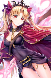 Rule 34 | 1girl, arm behind back, black leotard, black nails, blonde hair, blush, breasts, cape, cleavage, closed mouth, cowboy shot, earrings, ereshkigal (fate), fate/grand order, fate (series), glowing, glowing weapon, gluteal fold, hair ribbon, head tilt, holding, holding weapon, jewelry, koyuki (kotatsu358), leotard, long hair, looking at viewer, medium breasts, nail polish, parted bangs, polearm, red cape, red eyes, red ribbon, ribbon, skull, solo, spear, standing, thighs, tiara, tohsaka rin, two side up, v-shaped eyebrows, very long hair, weapon