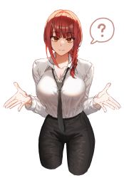 Rule 34 | 1girl, ?, absurdres, black necktie, black pants, braid, braided ponytail, breasts, chainsaw man, collared shirt, commentary request, cowboy shot, cropped legs, highres, korean commentary, large breasts, long sleeves, looking at viewer, makima (chainsaw man), necktie, pants, red hair, ringed eyes, shirt, shirt tucked in, simple background, smile, solo, speech bubble, spoken question mark, w arms, white background, yareen, yellow eyes