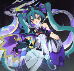 Rule 34 | aqua hair, boots, cape, creatures (company), double bun, dragon, dragon miku (project voltage), fake horns, game freak, gloves, hair bun, hatsune miku, headphones, highres, holding, holding sword, holding weapon, horns, kibakira, long hair, looking at viewer, miraidon, multicolored eyes, nintendo, open mouth, pants, poke ball, pokemon, pokemon (creature), project voltage, side cape, single bare shoulder, sword, twintails, very long hair, vocaloid, weapon