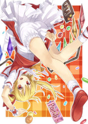 Rule 34 | 1girl, ascot, blonde hair, bloomers, brand name imitation, candy, flandre scarlet, food, gurasion (gurasion), hat, m&amp;m&#039;s, open mouth, plaid, plaid background, red eyes, short hair, side ponytail, skirt, skirt set, smile, solo, touhou, underwear, wings, wrist cuffs