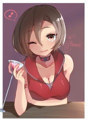 Rule 34 | 1girl, absurdres, artist name, bad id, bad pixiv id, brown hair, cocktail glass, cup, drink, drinking glass, eighth note, highres, holding, holding cup, holding drink, kusunokimizuha, meiko (vocaloid), meiko (vocaloid3), musical note, one eye closed, purple background, red shirt, shirt, signature, solo, spoken musical note, vocaloid