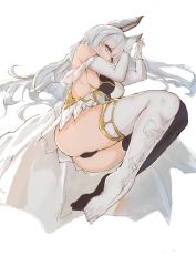 Rule 34 | 10s, 1girl, animal ears, ass, bare shoulders, breasts, elbow gloves, erune, feet, foodtoyc, gloves, granblue fantasy, highres, korwa, large breasts, legs, long legs, lying, no shoes, panties, sideboob, silver hair, solo, thighhighs, thighs, toes, underwear, white background, white thighhighs