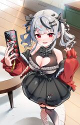 Rule 34 | 1girl, absurdres, bare shoulders, breasts, cleavage, cleavage cutout, clothing cutout, grey hair, highres, hololive, large breasts, looking at viewer, multicolored hair, red eyes, sakamata chloe, short twintails, smile, solo, streaked hair, sunano reona, twintails, virtual youtuber