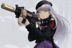 Rule 34 | 1girl, assault rifle, beret, black hat, buttons, closed mouth, ginji74, girls&#039; frontline, gloves, green eyes, gun, h&amp;k hk416, hair ornament, hat, heckler &amp; koch, hk416 (girls&#039; frontline), holding, holding gun, holding weapon, long hair, long sleeves, rifle, silver hair, solo, straight hair, weapon