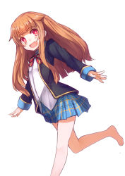 Rule 34 | 10s, 1girl, :d, amatsuka mao, barefoot, blazer, blush, bow, cardigan, fang, feet, gj-bu, hair flaps, highres, jacket, long hair, long sleeves, looking at viewer, nuko-d, open mouth, orange hair, plaid, plaid skirt, red eyes, school uniform, simple background, skirt, smile, solo, standing, standing on one leg, white background