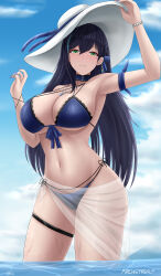 Rule 34 | 1girl, absurdres, archstreal, bare shoulders, bikini, black hair, blue bikini, blue sky, blush, breasts, choker, cleavage, collarbone, green eyes, hat, highres, large breasts, lin (tower of fantasy), long hair, looking at viewer, nail polish, navel, sarong, sky, solo, sun hat, swimsuit, thighs, tower of fantasy, wading, water