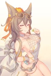 Rule 34 | 1girl, animal ears, black hair, breasts, brown eyes, brown hair, cleavage, commentary request, erune, eyewear on head, granblue fantasy, hair between eyes, hair ornament, hand on own hip, ilsa (granblue fantasy), ilsa (summer) (granblue fantasy), large breasts, long hair, looking at viewer, multicolored hair, official alternate costume, one-piece swimsuit, simple background, smile, solo, sunglasses, swimsuit, thigh strap, tomamatto, white one-piece swimsuit