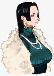 Rule 34 | 1girl, bead necklace, beads, black hair, blue eyes, boa hancock, breasts, coat, cosplay, cropped torso, earrings, eyelashes, from side, fubuki (one-punch man) (cosplay), fur coat, green sweater, highres, iago fn, jewelry, large breasts, lips, long hair, multiple necklaces, necklace, nose, one-punch man, one piece, parted lips, portrait, profile, simple background, snake earrings, solo, sweater, tsurime, turtleneck, turtleneck sweater, v-shaped eyebrows, white background, white coat