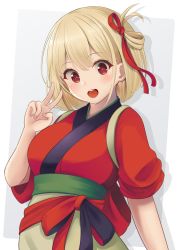 Rule 34 | 1girl, blonde hair, blush, breasts, commentary request, hand up, highres, japanese clothes, kimono, large breasts, looking at viewer, lycoris recoil, minakami mimimi, nishikigi chisato, open mouth, red eyes, red kimono, red ribbon, ribbon, ribbon hair, short hair, sleeves rolled up, smile, teeth, upper teeth only, v