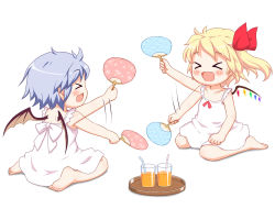 Rule 34 | &gt; &lt;, 2girls, :d, alternate costume, barefoot, bat wings, bebeneko, blonde hair, blue hair, blush, bow, child, closed eyes, cup, dress, drinking glass, fang, flandre scarlet, hair bow, hand fan, multiple girls, open mouth, paper fan, red bow, remilia scarlet, seigaiha, short hair, siblings, simple background, sisters, sitting, sleeveless, smile, sundress, touhou, uchiwa, waving arm, white background, wings, xd