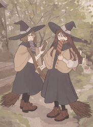 Rule 34 | 2girls, absurdres, black dress, black pantyhose, boots, broom, brown footwear, brown hair, day, dress, full body, hat, highres, holding, holding broom, long hair, long sleeves, multiple girls, open mouth, orange eyes, original, outdoors, pantyhose, scarf, shirt, short hair, standing, striped clothes, striped shirt, tree, witch, witch hat, yunoki itsugu