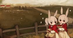 Rule 34 | 2girls, albino, animal ears, bug, butterfly, cape, dress, eating, fence, field, highres, house, insect, long hair, matching outfits, multiple girls, original, outdoors, ponytail, rabbit ears, rabbit girl, red cape, red eyes, shirokujira, twintails, white butterfly, white dress, white hair
